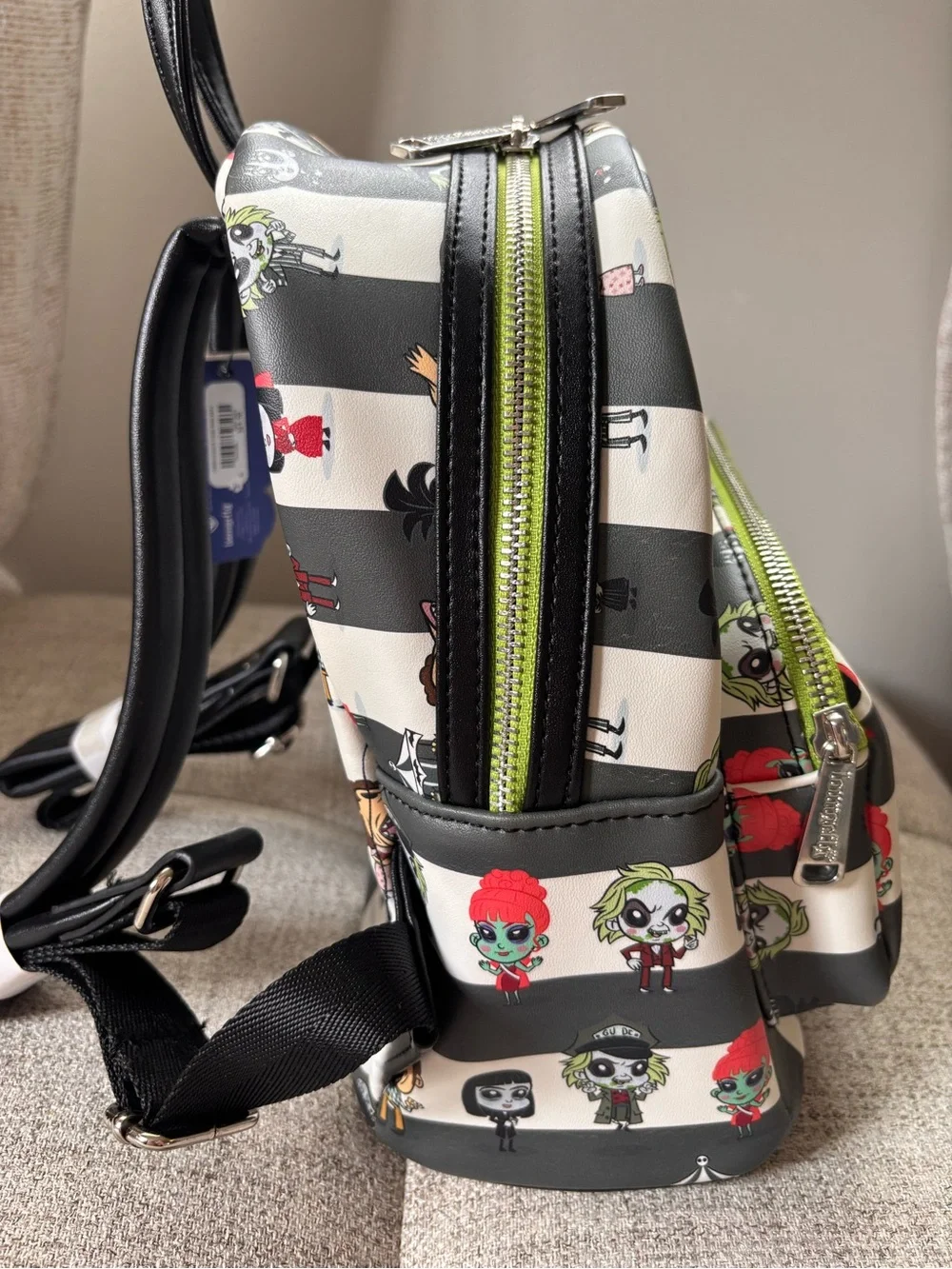 Loungefly Beetlejuice Mini Backpack Black Striped Chibi Character Print NWT